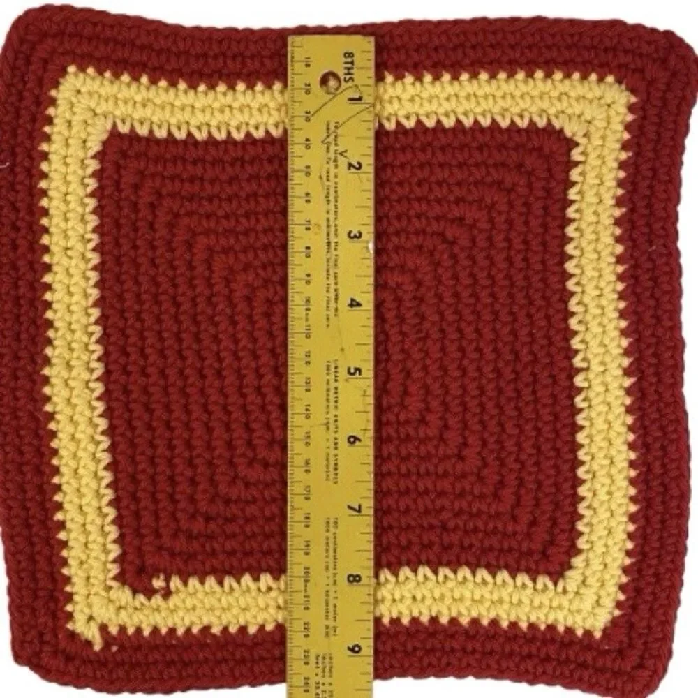Vintage Hand Crocheted Potholders Set of 2 - Red & Cream Yellow - 10” Square